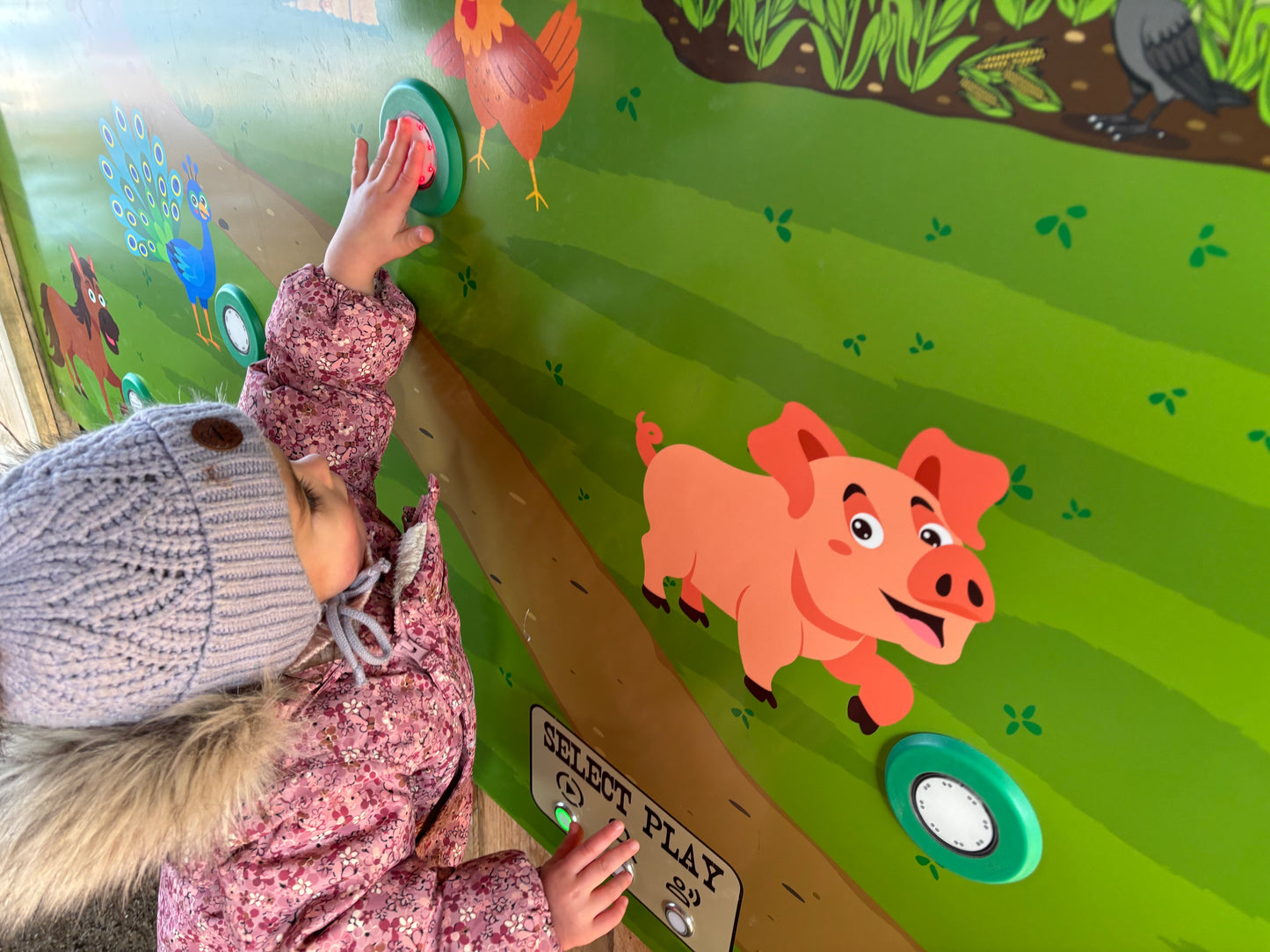 Guest interacting with heemer crafted barnyard sound board by pressing the chicken button