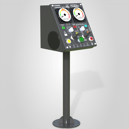 Harvest Control interactive console in gray, isometric view from left showing dials and buttons.