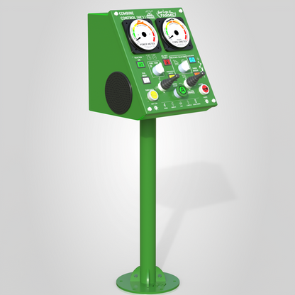 Harvest Control interactive console in green, isometric view from left showing dials and buttons.