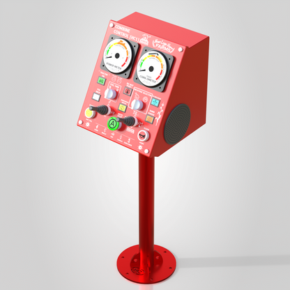 Harvest Control interactive console in red, isometric view from left showing dials and buttons.