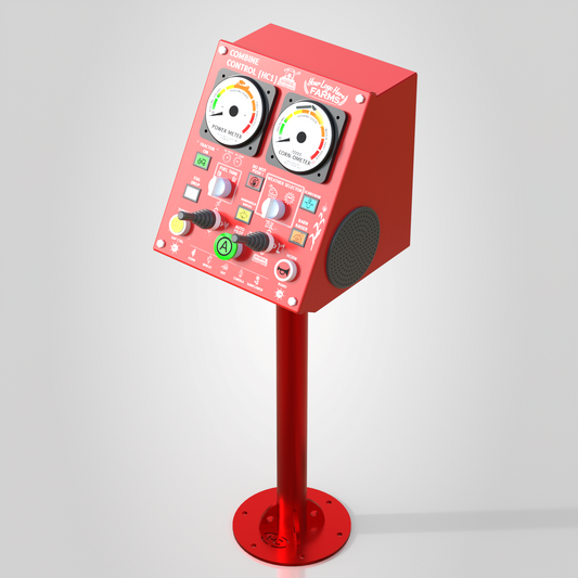 Harvest Control interactive console in red, isometric view from left showing dials and buttons.