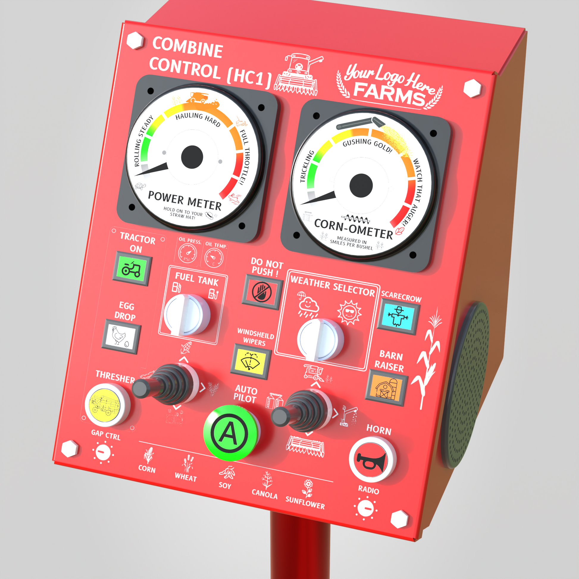 Harvest Control interactive console in red, isometric view close up showcasing dials and buttons.